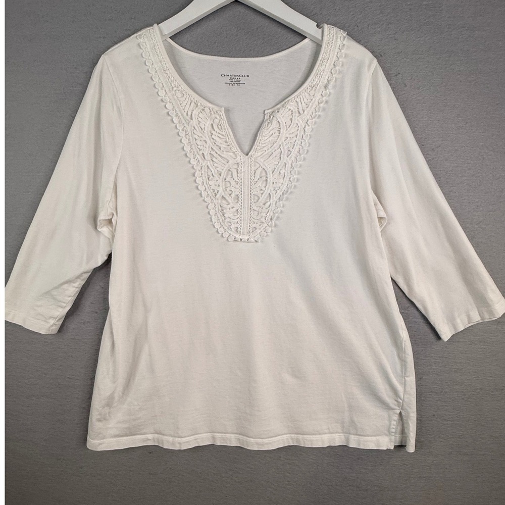 Charter Club Top Women 1X White Crochet Lace Neck‎ 3/4 Sleeve Cotton Knit